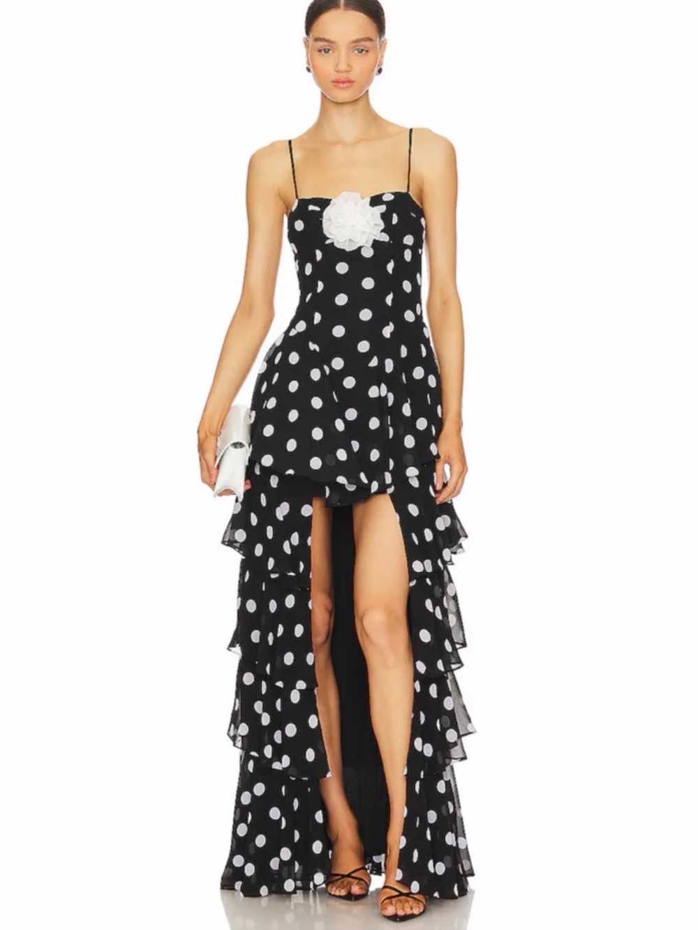 MAJORELLE Black and White Polka Dot High-Low Ruffle Dress